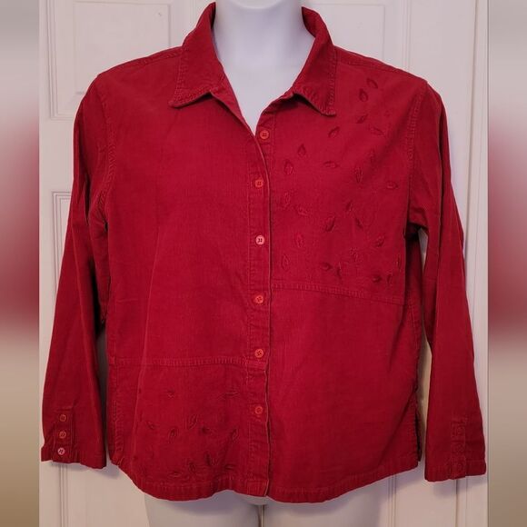 #169 Basic Editions- Red Corduroy button-up top. sze. L - Picture 2 of 8
